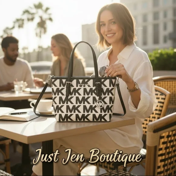 MICHAEL KORS XS Jet Set Travel Black & White MK Logo Zip Tote Bag - Picture 10 of 12